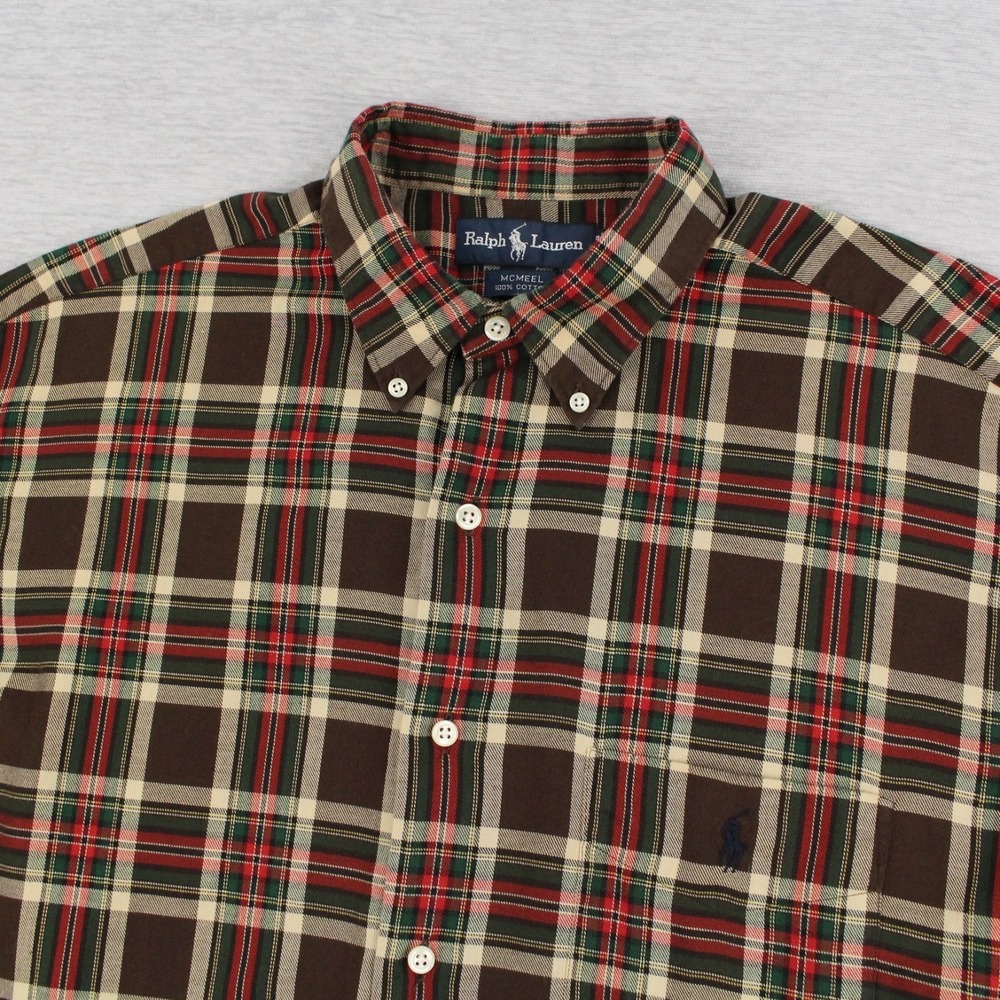 Ralph Lauren Flannel Shirt Mens L Brown Plaid Cotton McMeel Long Sleeve Vintage